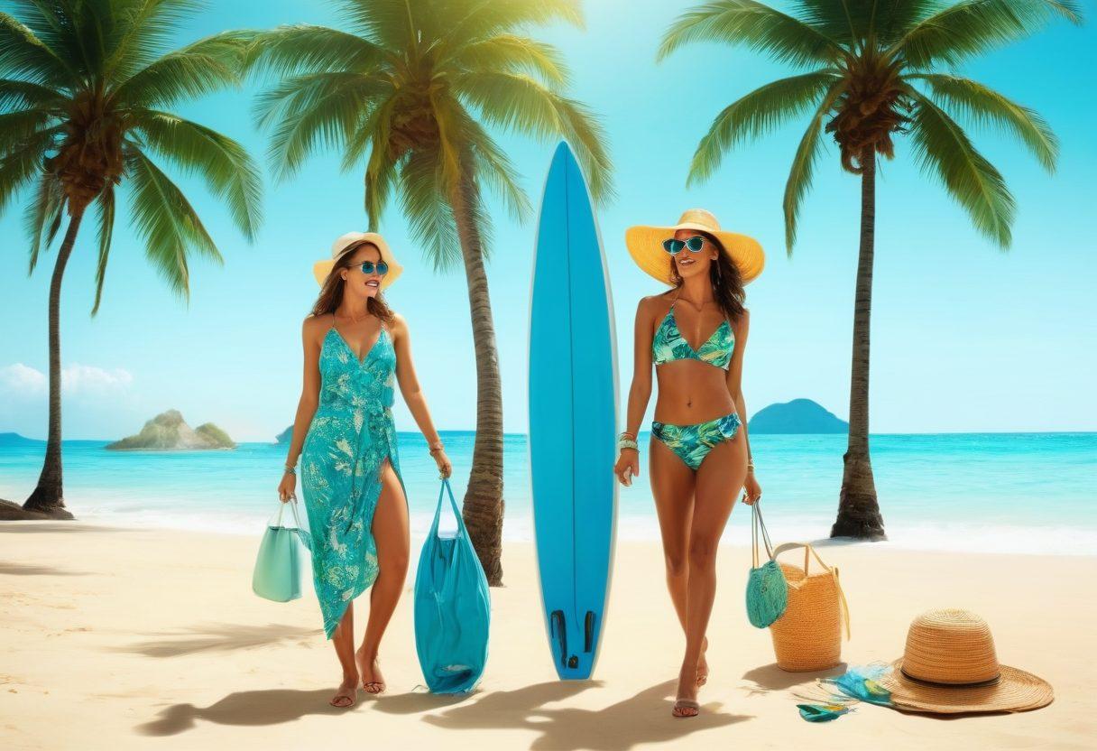 A sun-drenched beach scene showcasing diverse individuals in colorful and stylish resort wear, featuring tropical prints and swim trends. Incorporate palm trees swaying in the breeze, sparkling turquoise water, and bright beach accessories like sunglasses and hats. The atmosphere should feel vibrant and lively, capturing the essence of summer enjoyment. Illustrate with vivid colors and a dynamic composition that conveys relaxation and fun. tropical vibe. vibrant colors. super-realistic.