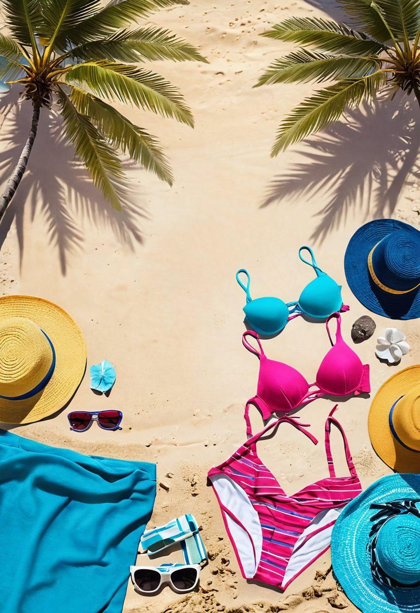 A vibrant beach scene featuring a variety of colorful bikinis laid out on soft sand, surrounded by stylish beach accessories like sun hats, sunglasses, and towels. Include bright blue ocean waves gently lapping at the shore in the background, with palm trees swaying in the breeze. Infuse the image with a warm, sunny atmosphere to evoke a sense of adventure and relaxation. super-realistic. vibrant colors. bright and cheerful mood.